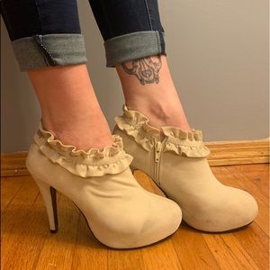 ivory heel ankle boot with ruffle , 8